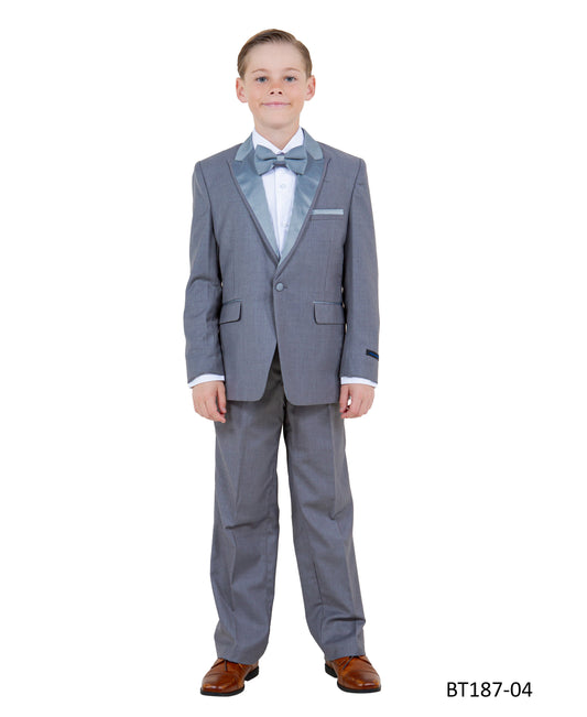 Grey Peak Lapel With Grey Satin Trim 5 Piece Modern Fit Tazzio Boy'sTuxedo