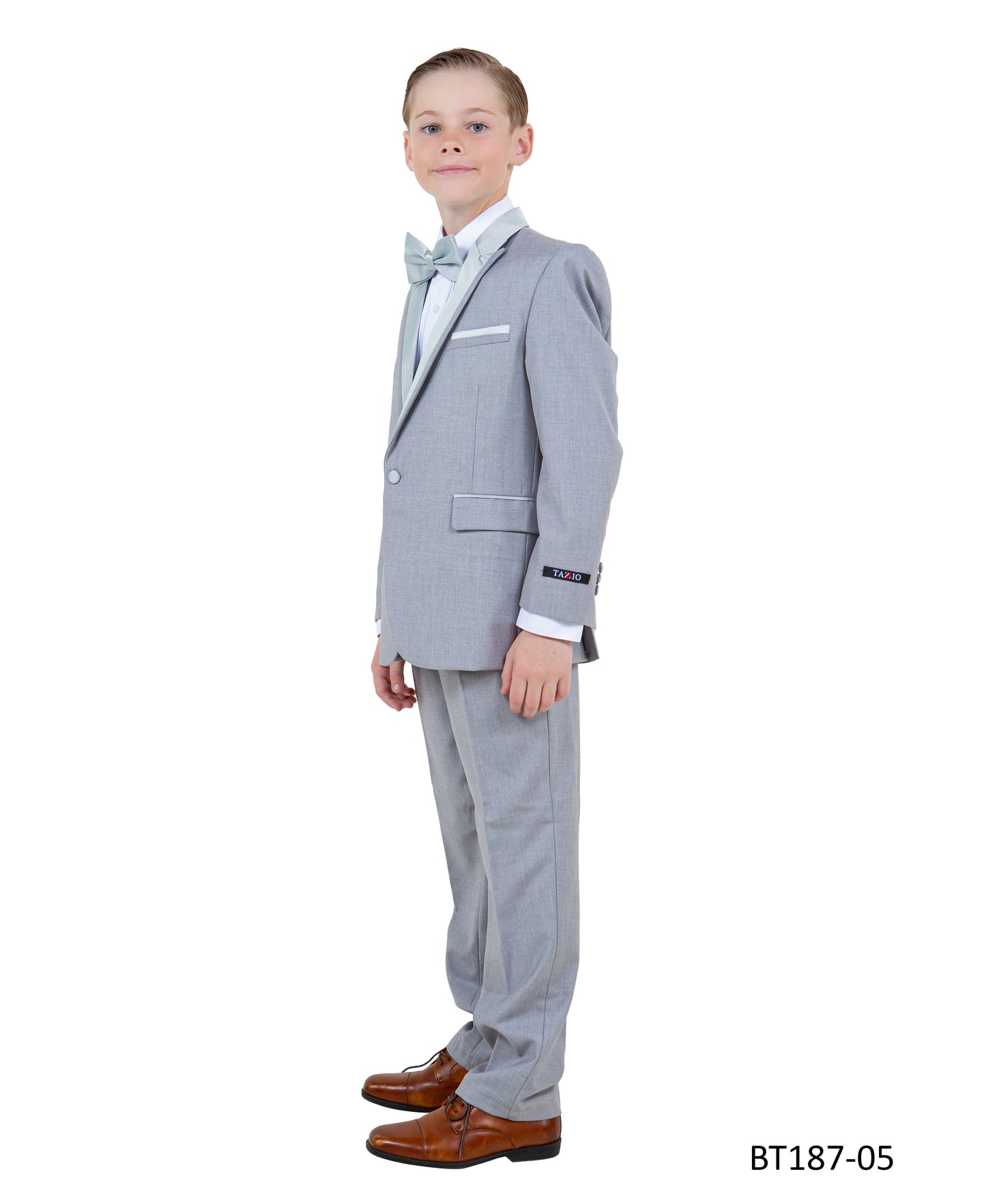 Light Grey Peak Lapel With Light Grey Satin Trim 5 Piece Modern Fit Tazzio Boy'sTuxedo