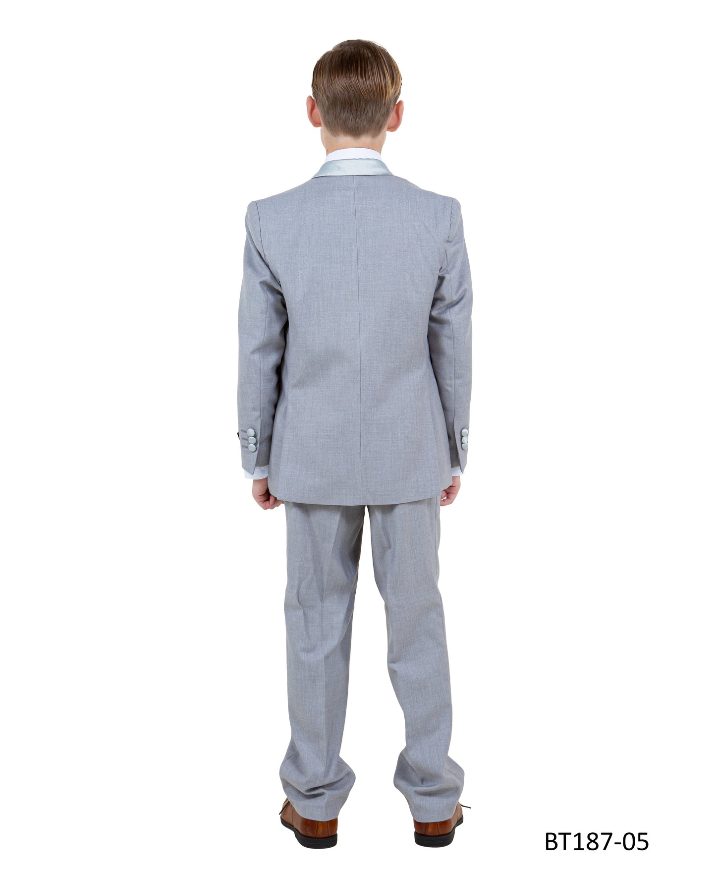 Light Grey Peak Lapel With Light Grey Satin Trim 5 Piece Modern Fit Tazzio Boy'sTuxedo