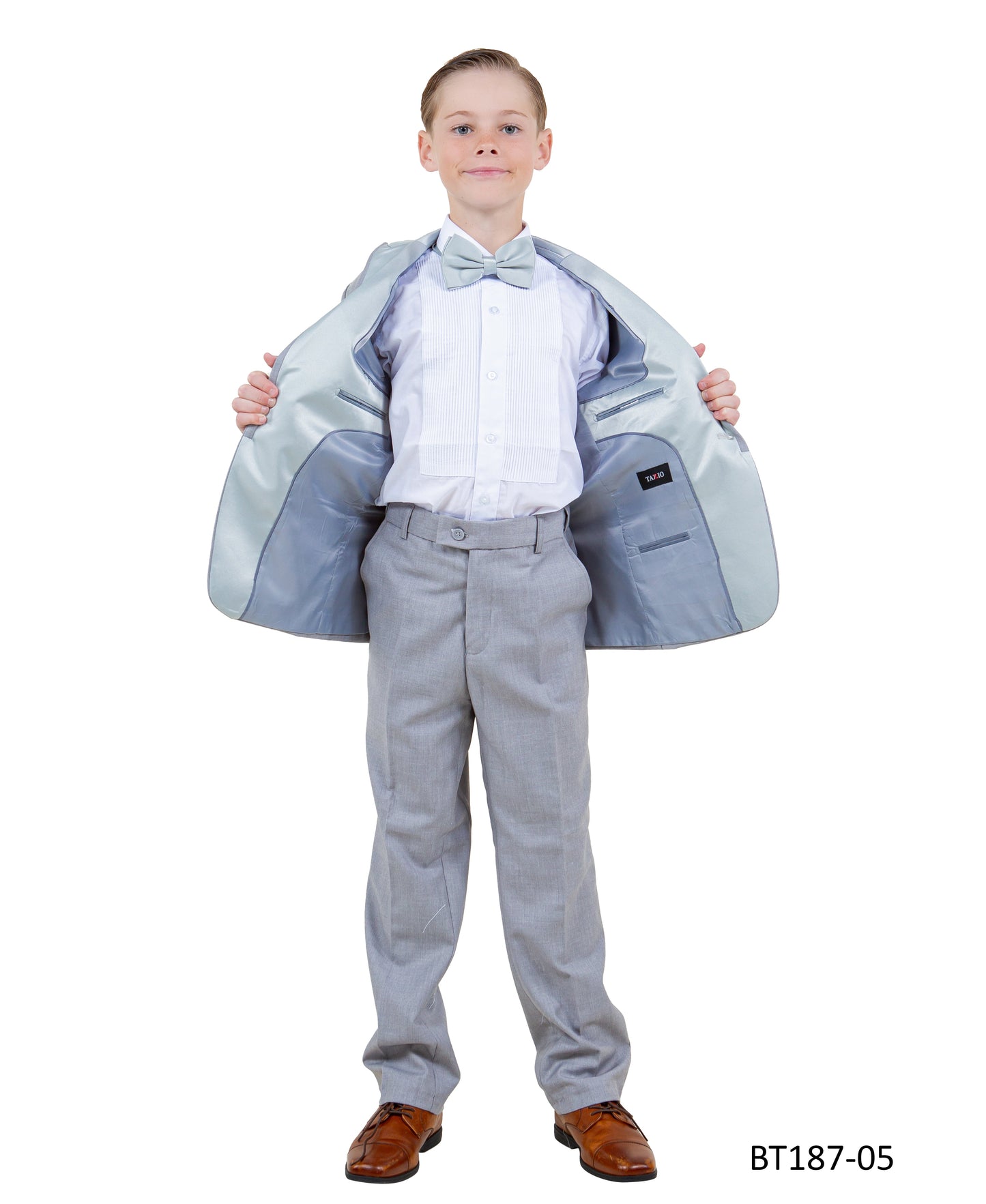 Light Grey Peak Lapel With Light Grey Satin Trim 5 Piece Modern Fit Tazzio Boy'sTuxedo