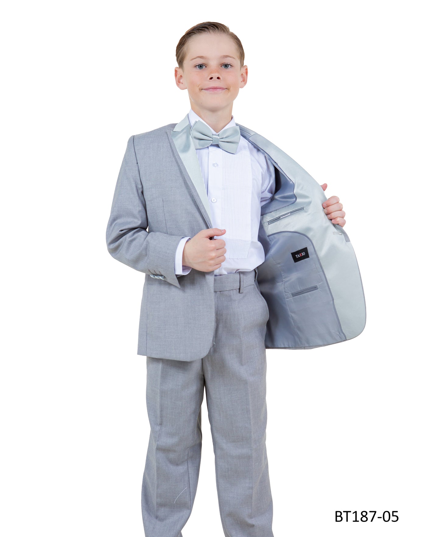 Light Grey Peak Lapel With Light Grey Satin Trim 5 Piece Modern Fit Tazzio Boy'sTuxedo