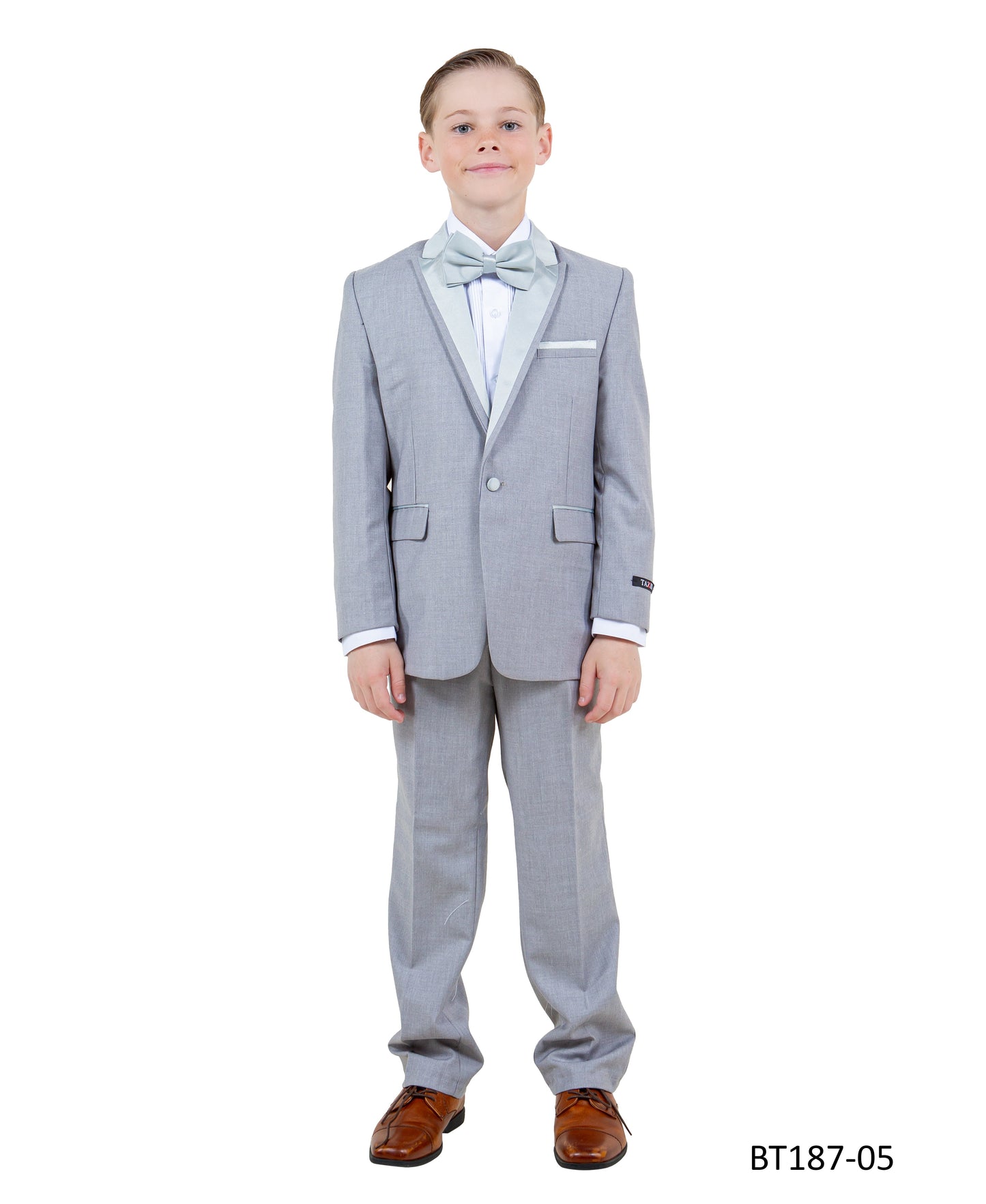 Light Grey Peak Lapel With Light Grey Satin Trim 5 Piece Modern Fit Tazzio Boy'sTuxedo