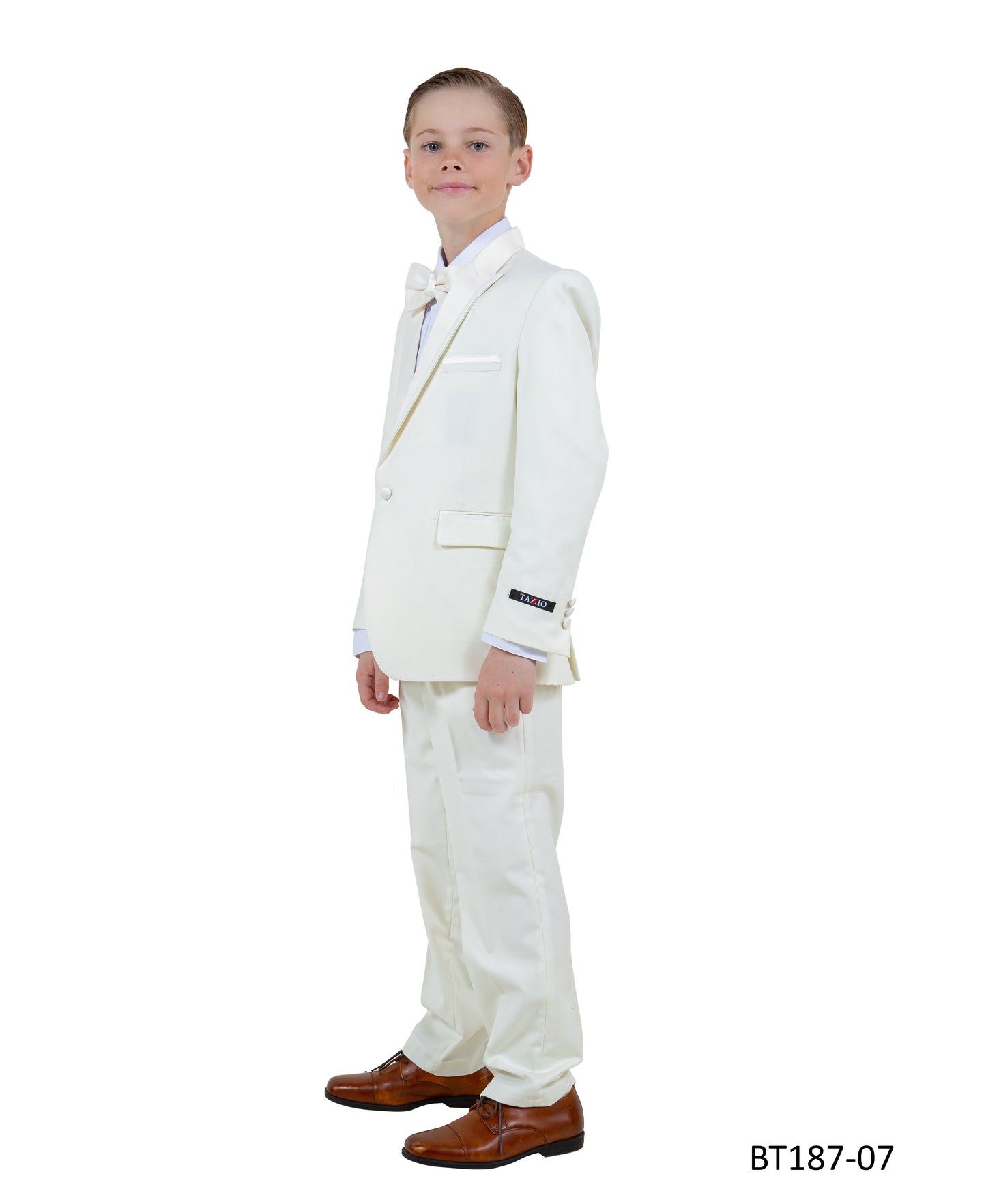 Ivory Peak Lapel With Ivory Satin Trim 5 Piece Modern Fit Tazzio Boy'sTuxedo