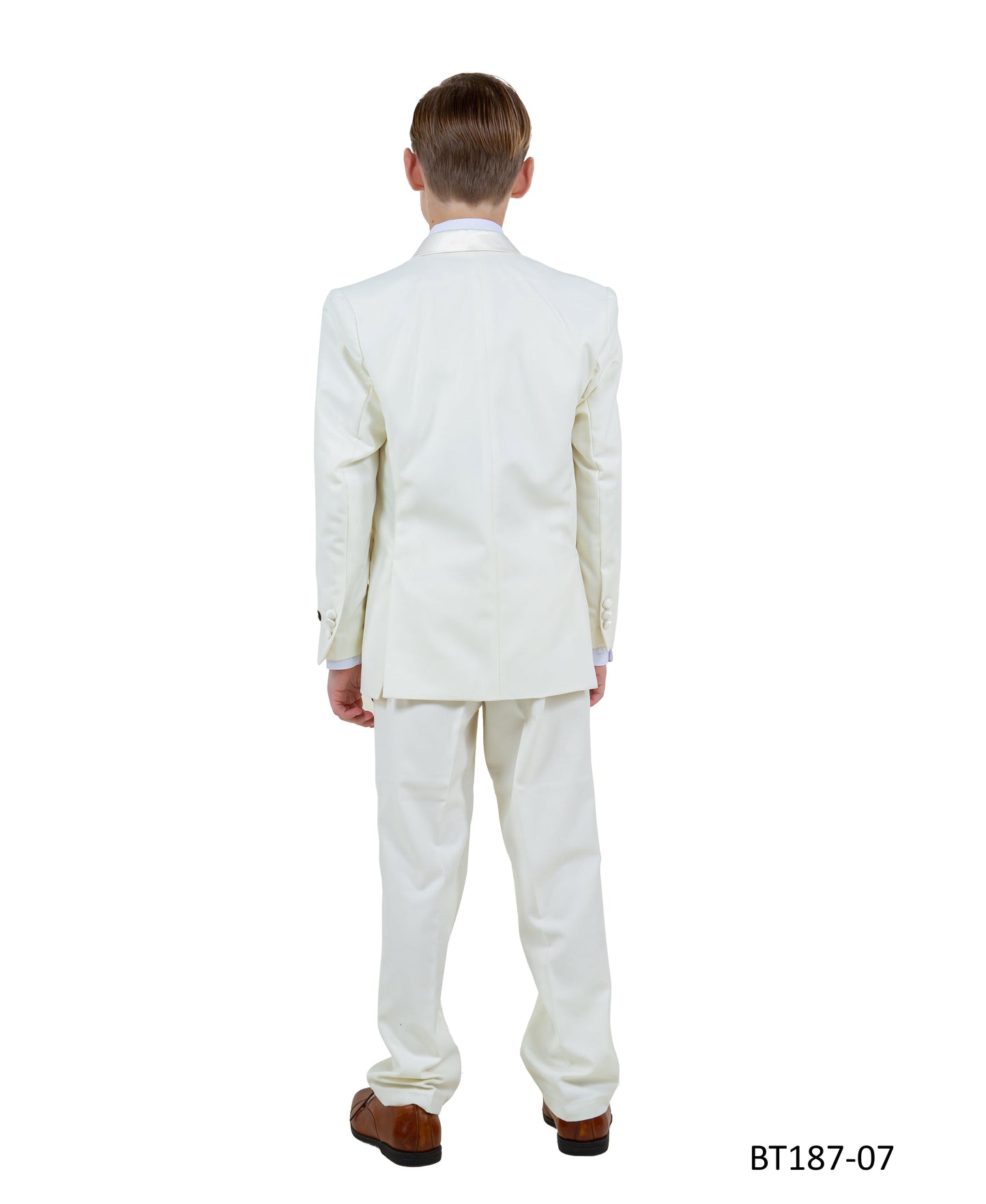 Ivory Peak Lapel With Ivory Satin Trim 5 Piece Modern Fit Tazzio Boy'sTuxedo