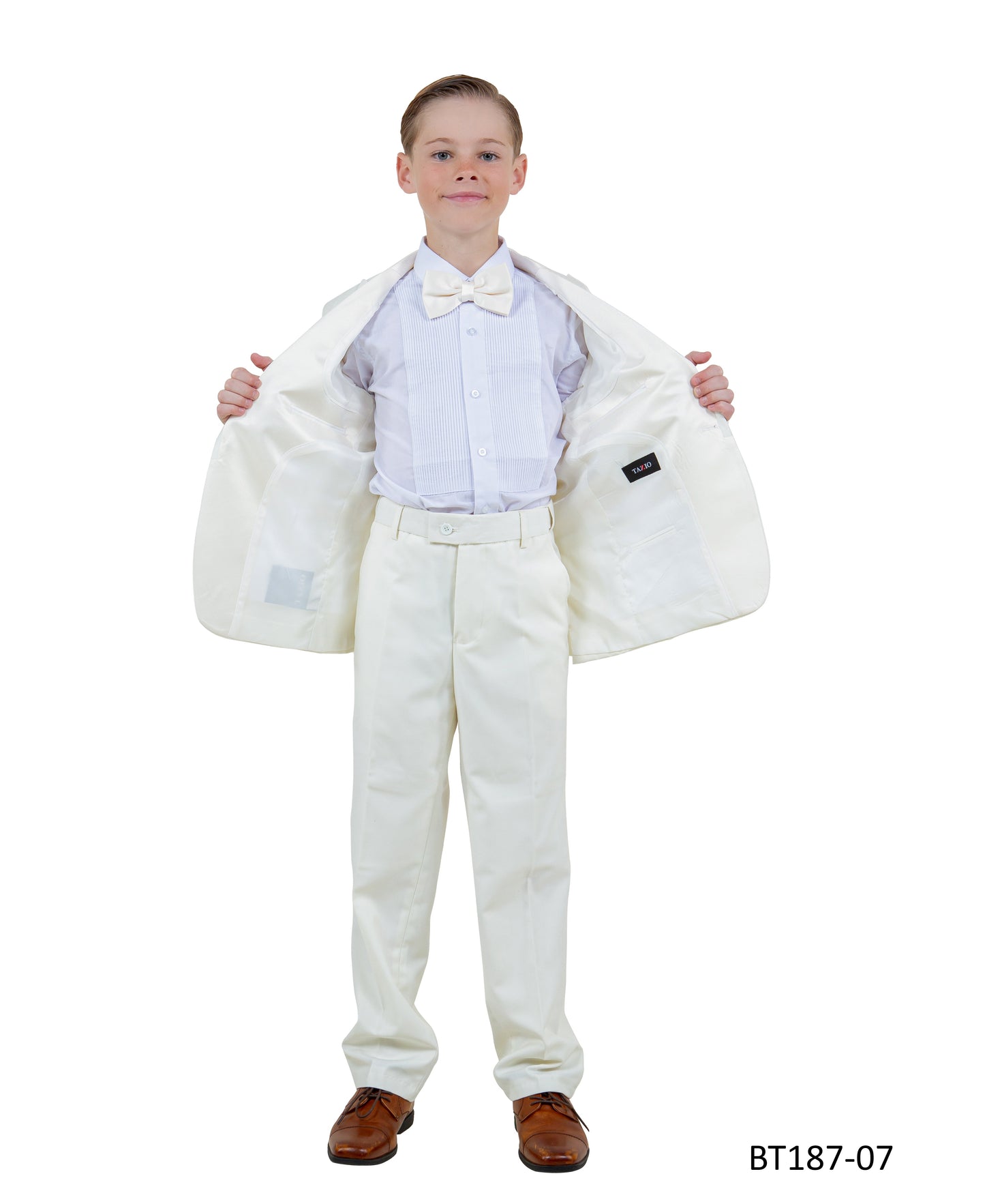 Ivory Peak Lapel With Ivory Satin Trim 5 Piece Modern Fit Tazzio Boy'sTuxedo