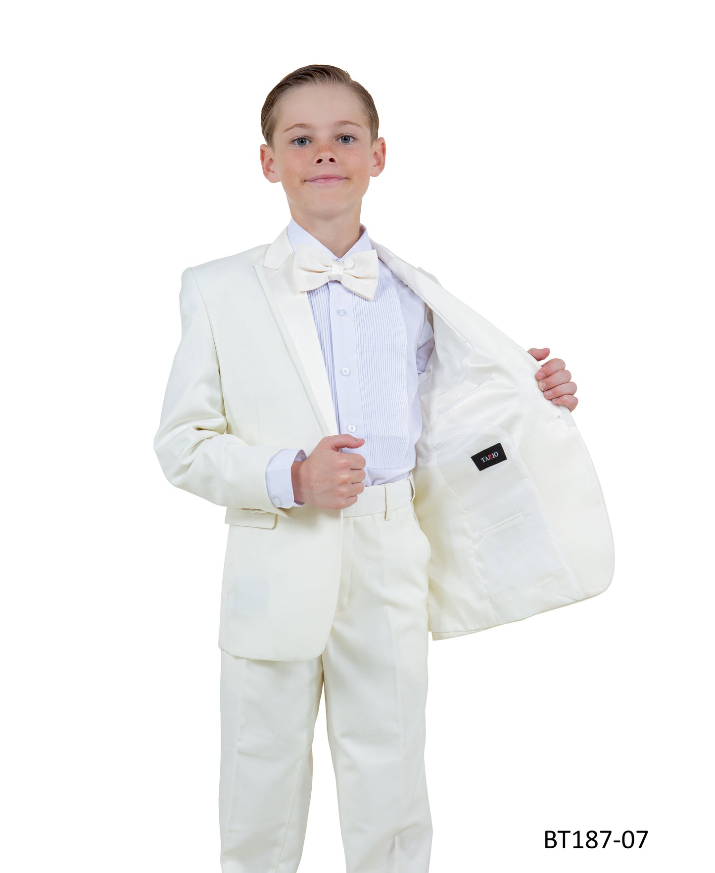 Ivory Peak Lapel With Ivory Satin Trim 5 Piece Modern Fit Tazzio Boy'sTuxedo