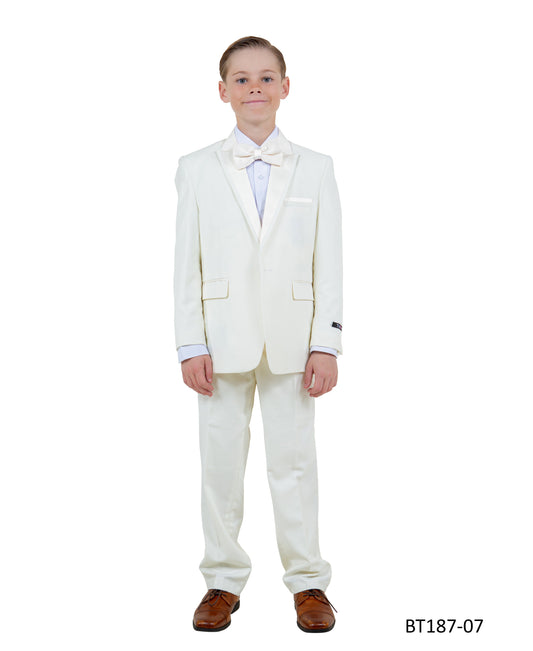 Ivory Peak Lapel With Ivory Satin Trim 5 Piece Modern Fit Tazzio Boy'sTuxedo