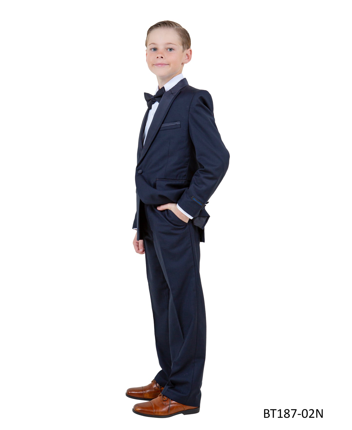 Navy Peak Lapel With Navy Satin Trim 5 Piece Modern Fit Tazzio Boy'sTuxedo