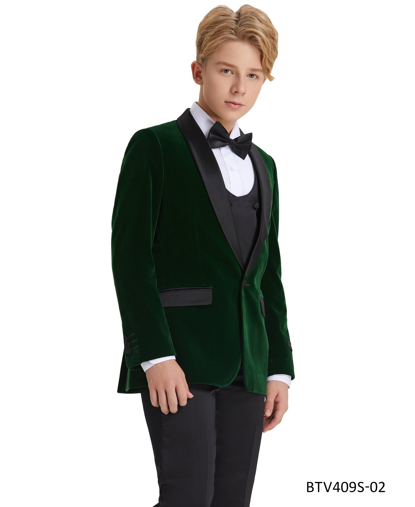 Green Velvet Satin Shawl Lapel 5 Piece Slim Fit Tazzio Boy's Tuxedo Vest