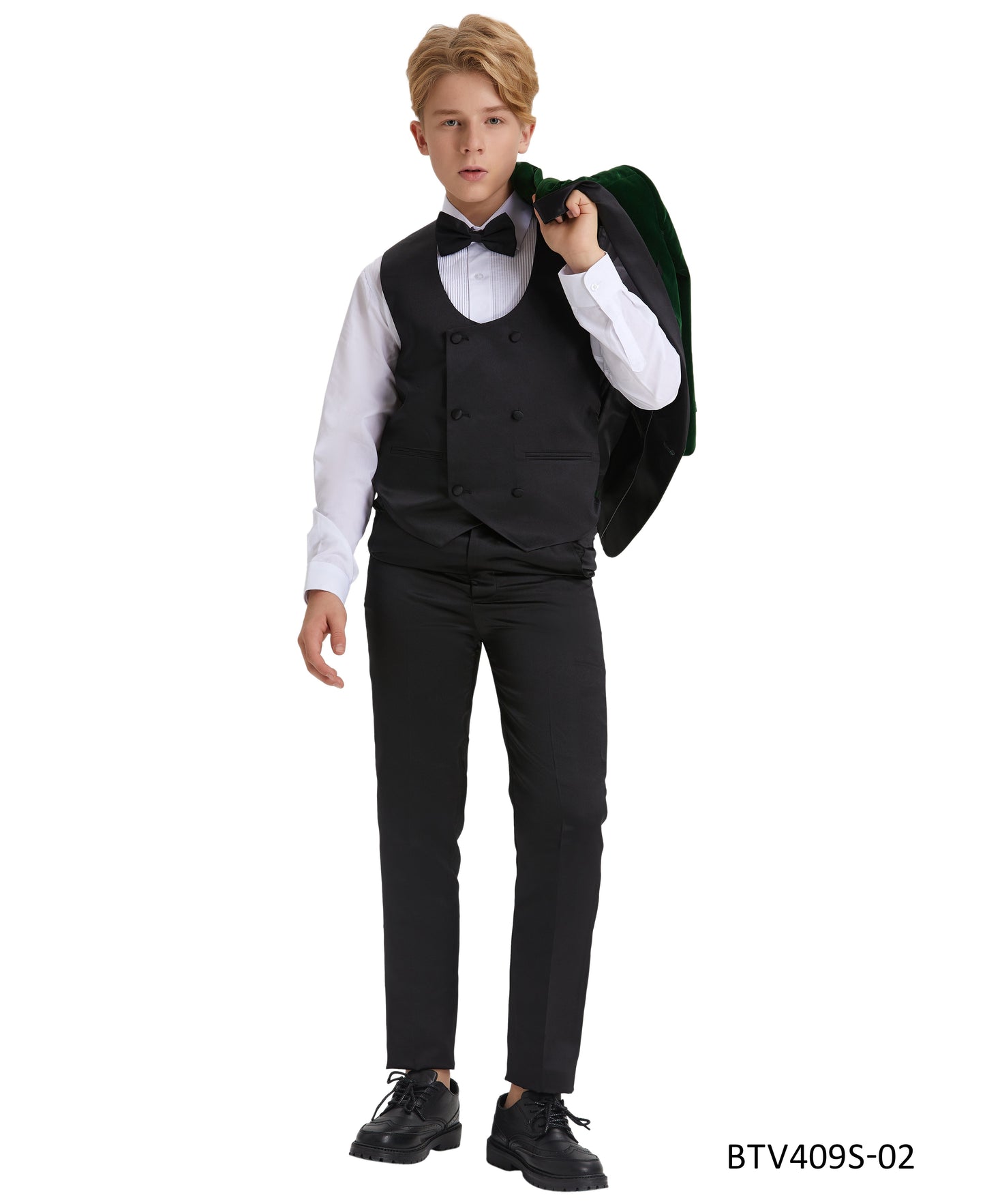 Green Velvet Satin Shawl Lapel 5 Piece Slim Fit Tazzio Boy's Tuxedo Vest