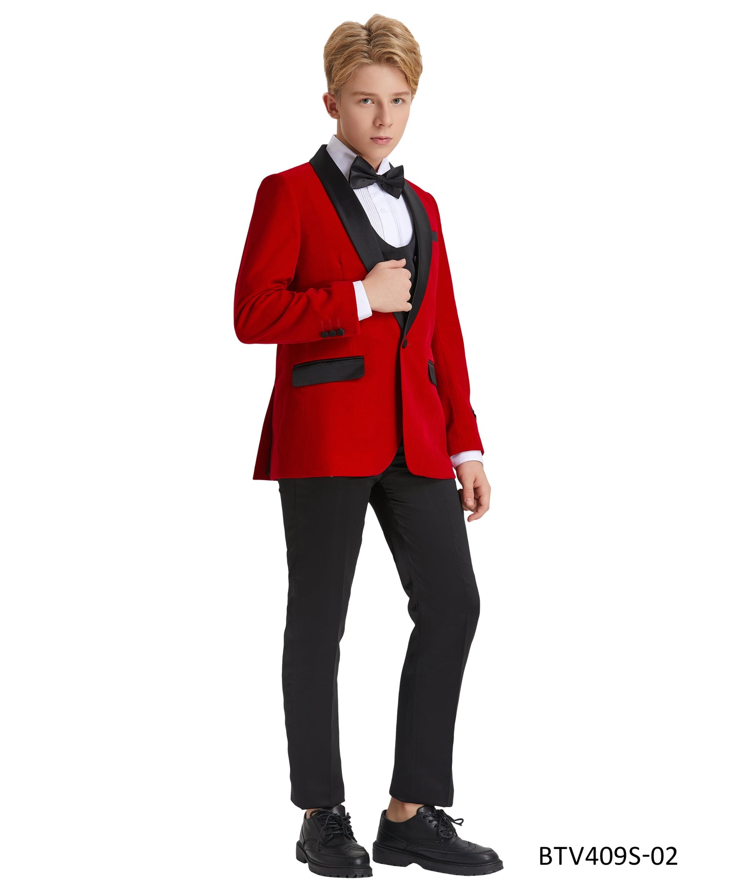 Red Velvet Satin Shawl Lapel 5 Piece Slim Fit Tazzio Boy's Tuxedo Vest