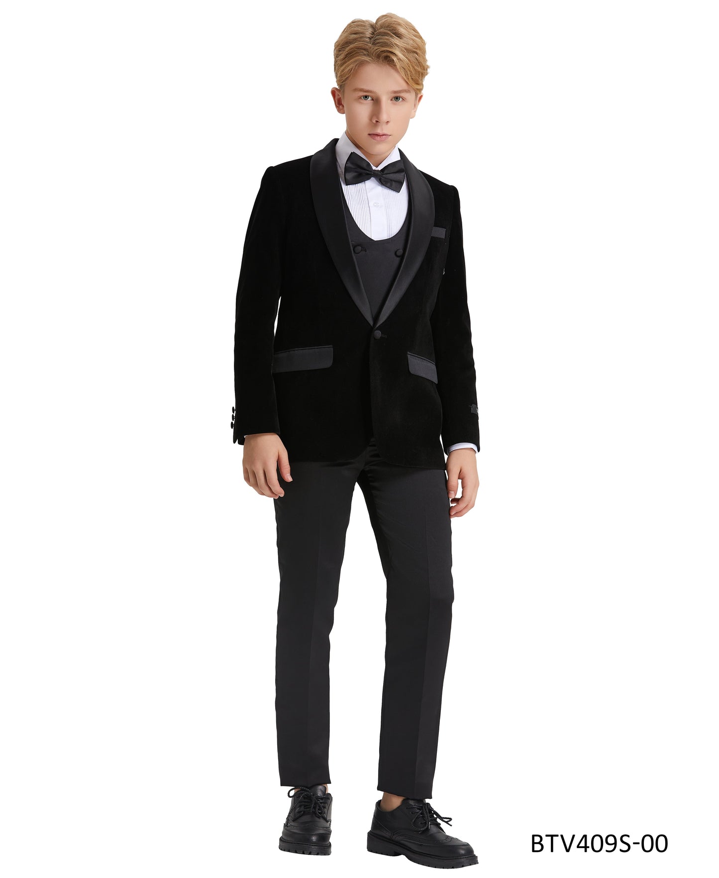 Black Velvet Satin Shawl Lapel 5 Piece Slim Fit Tazzio Boy's Tuxedo Vest