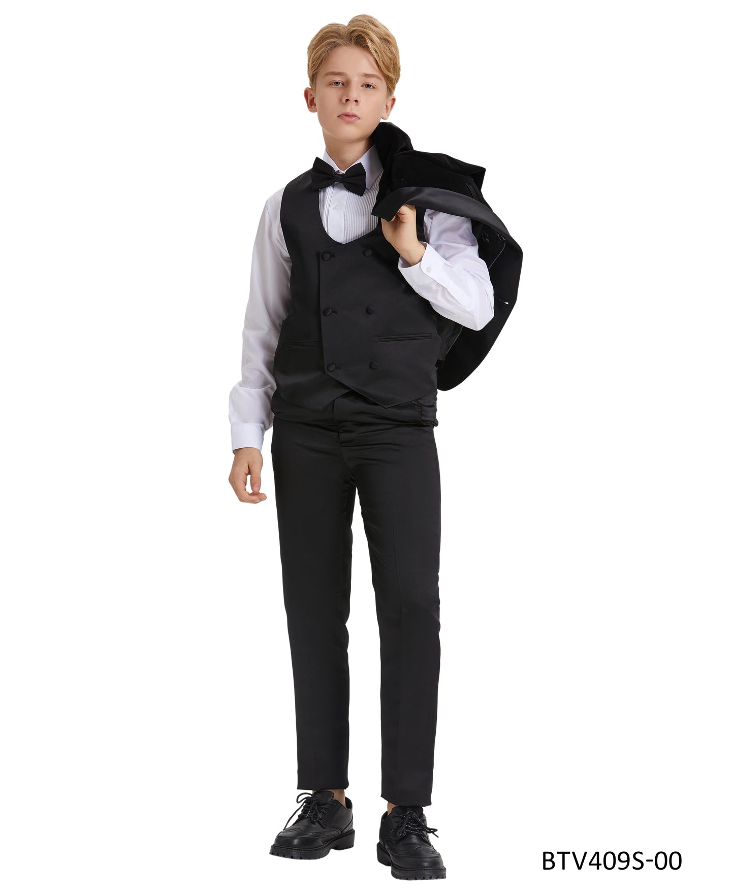 Black Velvet Satin Shawl Lapel 5 Piece Slim Fit Tazzio Boy's Tuxedo Vest