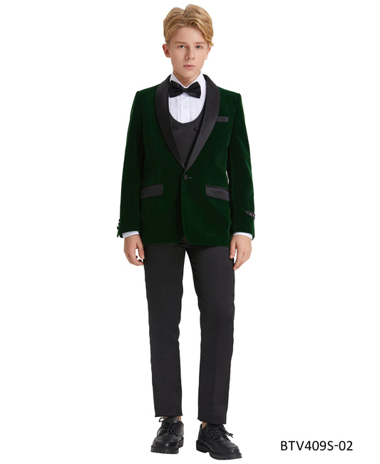 Green Velvet Satin Shawl Lapel 5 Piece Slim Fit Tazzio Boy's Tuxedo Vest