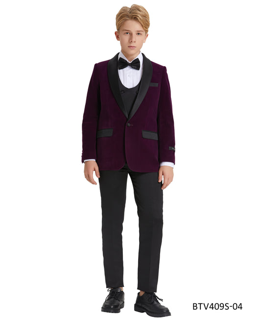 Purple Velvet Satin Shawl Lapel 5 Piece Slim Fit Tazzio Boy's Tuxedo Vest