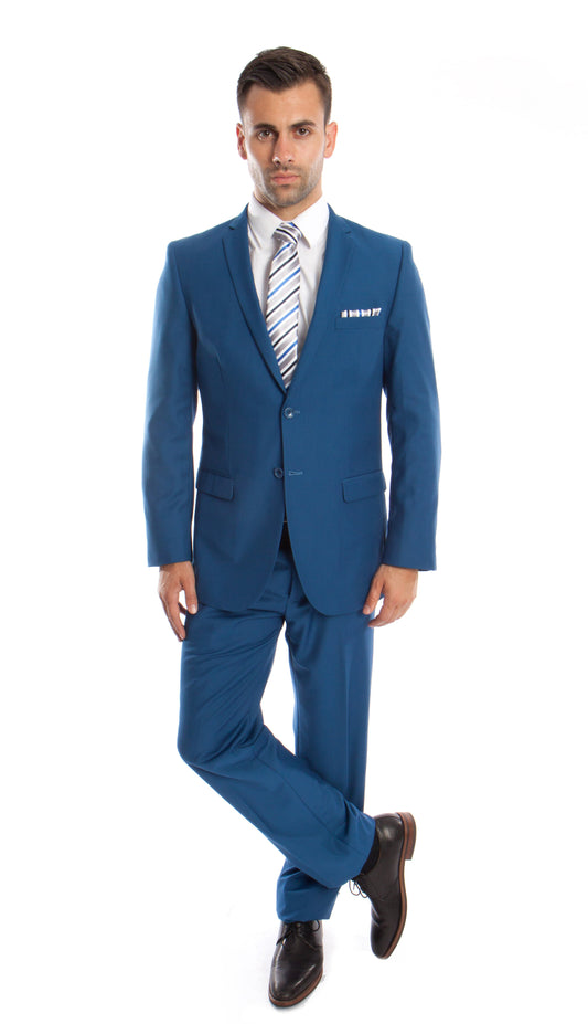 Solid French Blue Notch Lapel 2 Piece Slim Fit Tazzio Men's Suit