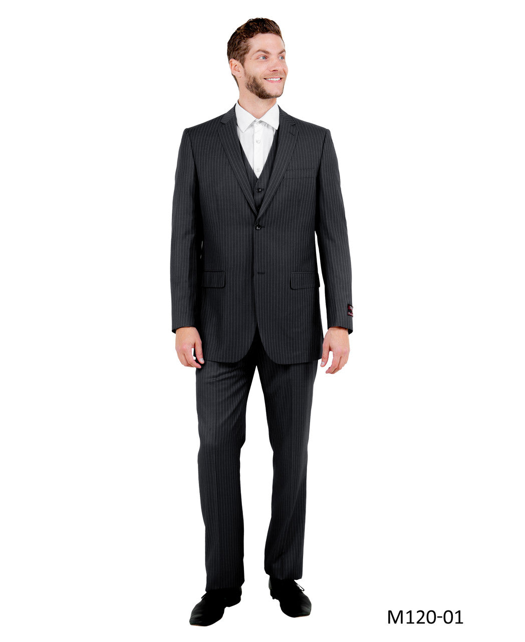 Solid Black Pinstriped Notch Lapel 3 Piece Modern Fit Demantie Men's Suit