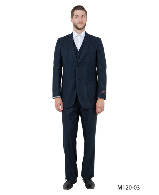 Solid Navy Pinstriped Notch Lapel 3 Piece Modern Fit Demantie Men's Suit