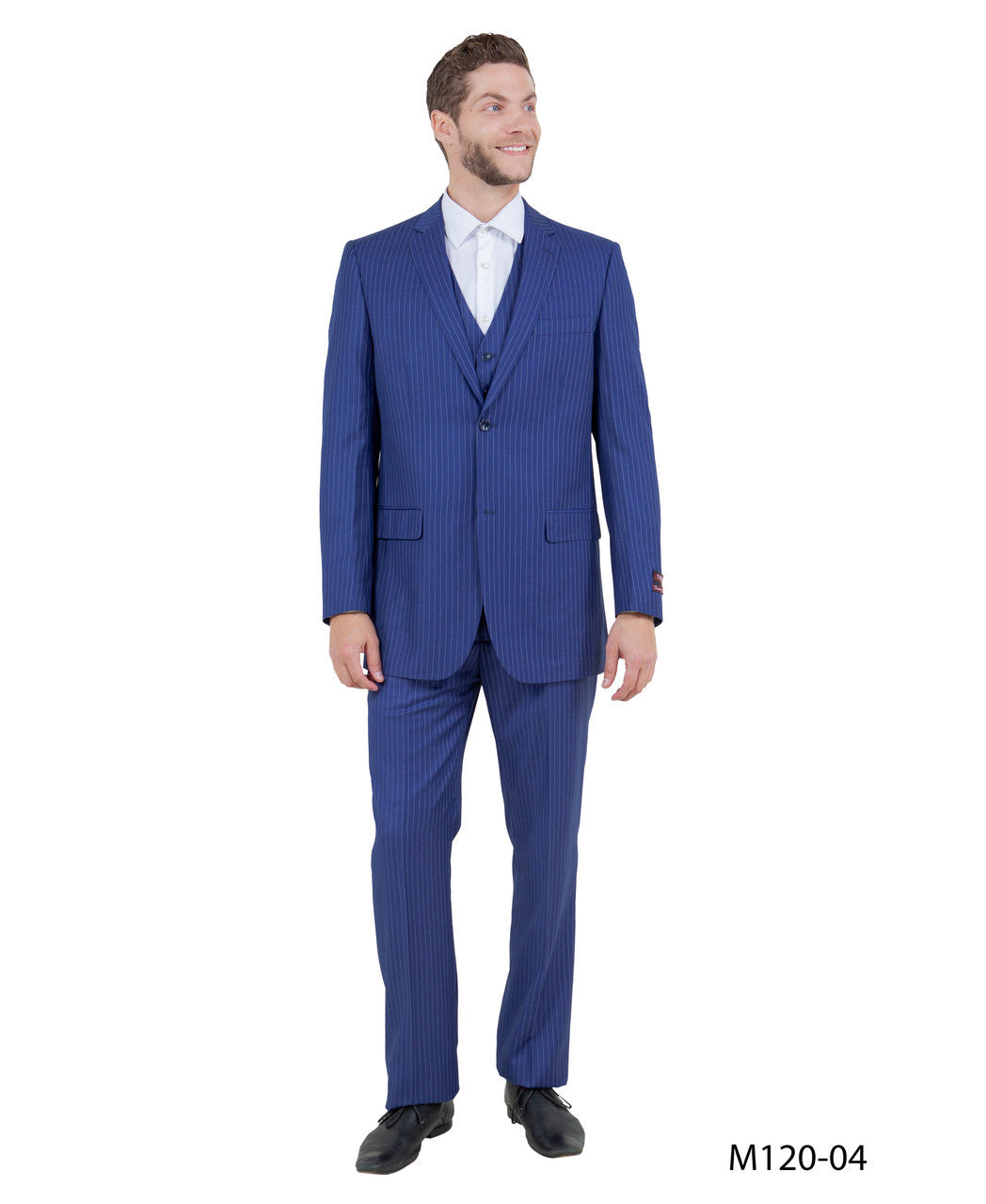 Solid Blue Pinstriped Notch Lapel 3 Piece Modern Fit Demantie Men's Suit