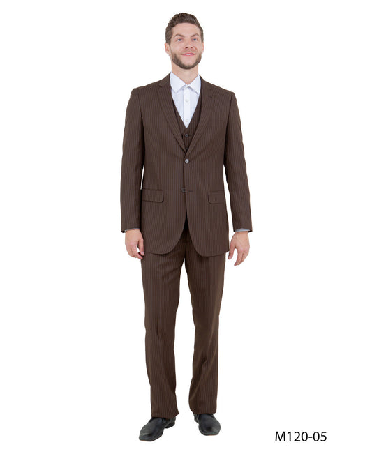 Solid Brown Pinstriped Notch Lapel 3 Piece Modern Fit Demantie Men's Suit