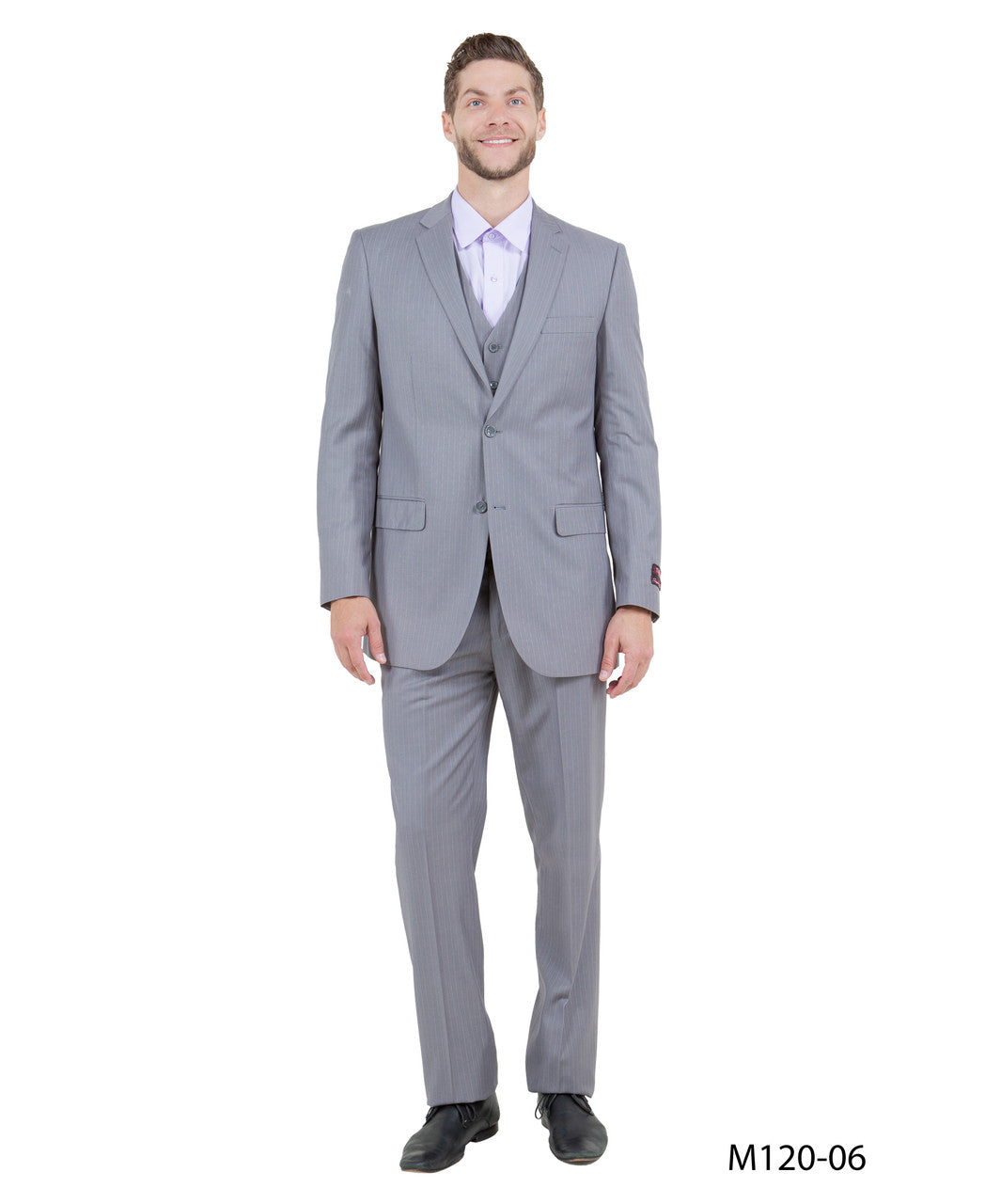 Solid Light Grey Pinstriped Notch Lapel 3 Piece Modern Fit Demantie Men's Suit