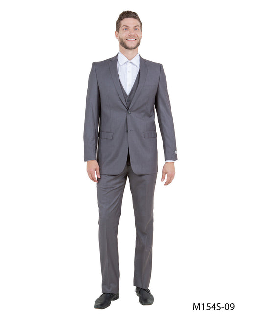 Solid Mid Grey Notch Lapel 3 Piece Slim Fit Tazzio Men's Suit