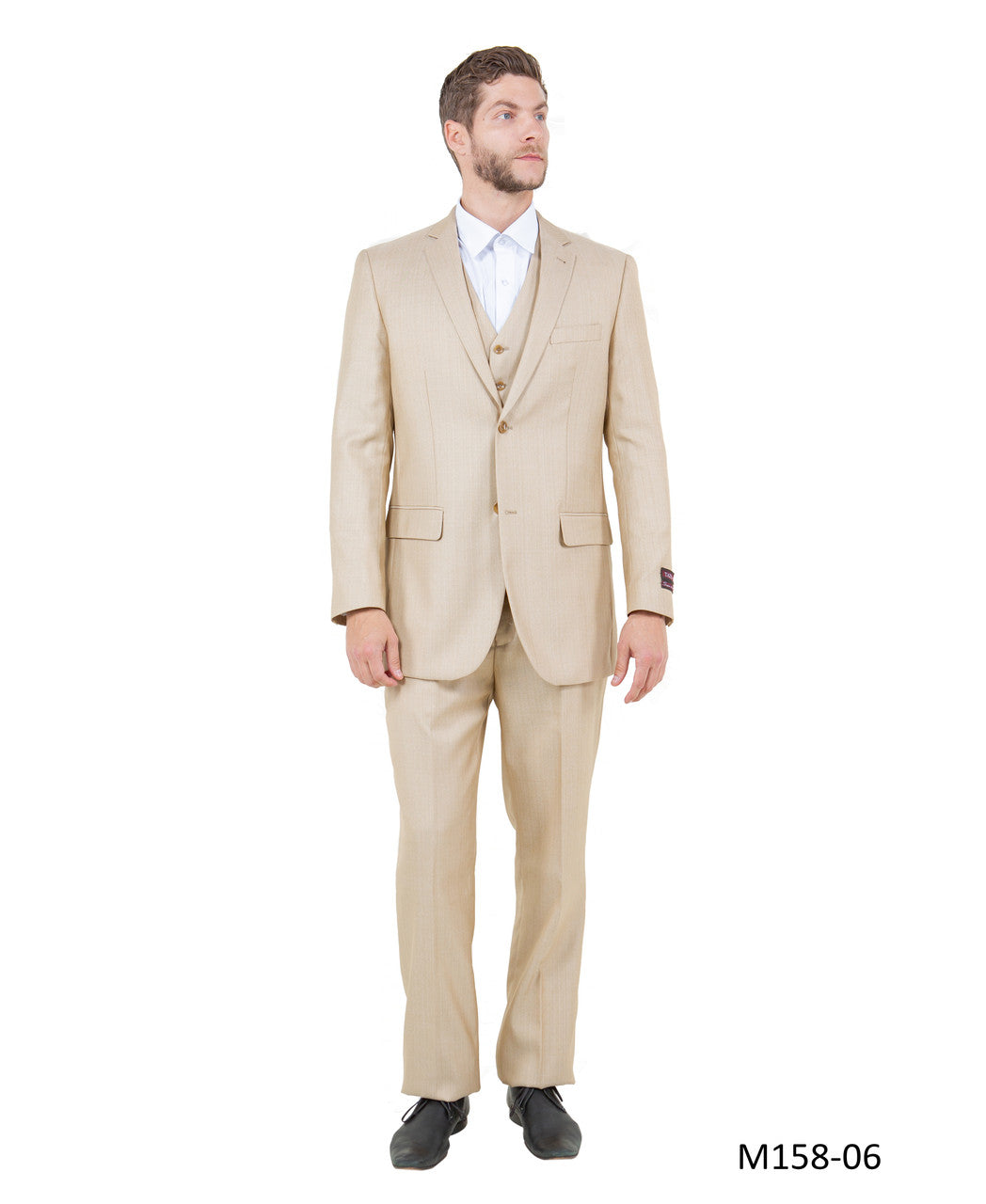 Solid Textured Light Beige Notch Lapel 3 Piece Modern Fit Tazzio Men's Suit