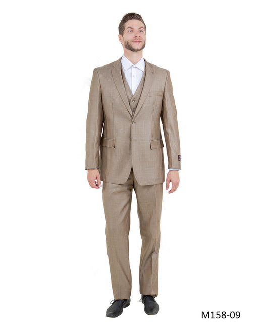 Solid Textured Dark Tan Notch Lapel 3 Piece Modern Fit Tazzio Men's Suit