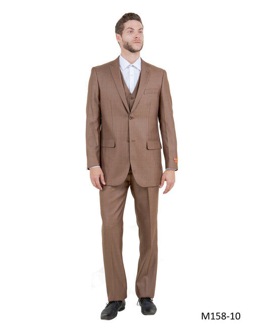 Solid Textured Toast Notch Lapel 3 Piece Modern Fit Tazzio Men's Suit