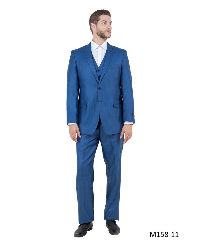 Blue Textured Notch Lapel 3 Piece Modern Fit Tazzio Men's Suit