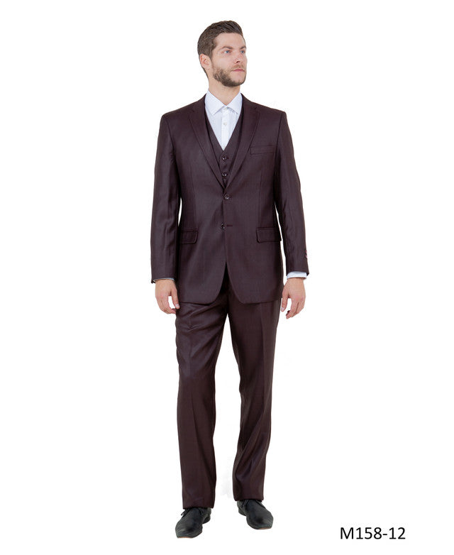 Solid Textured Burgundy Notch Lapel 3 Piece Modern Fit Tazzio Men's Suit