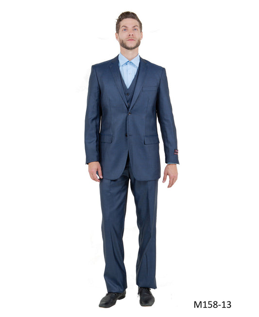 Navy Blue Textured Notch Lapel 3 Piece Modern Fit Tazzio Men's Suit