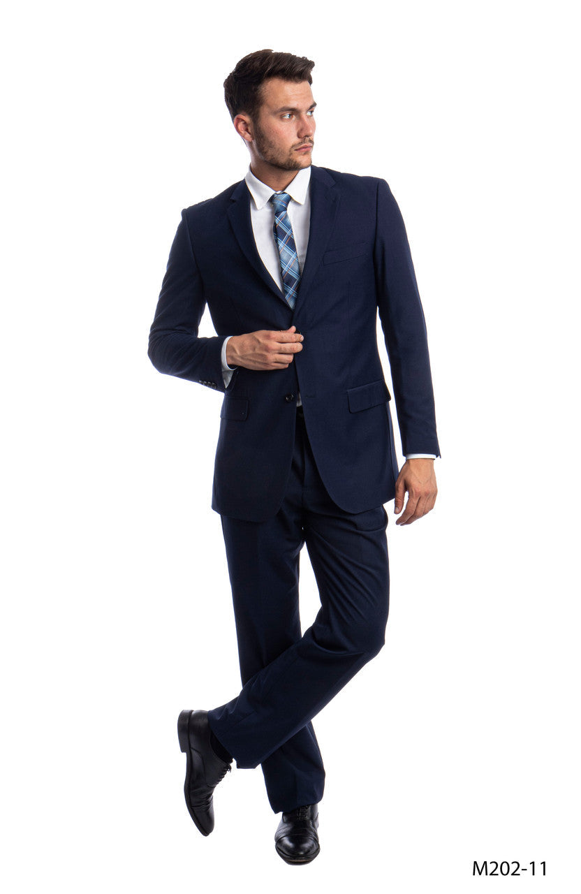 Solid Navy Blue Notch Lapel 2 Piece Modern Fit Demantie Men's Suit