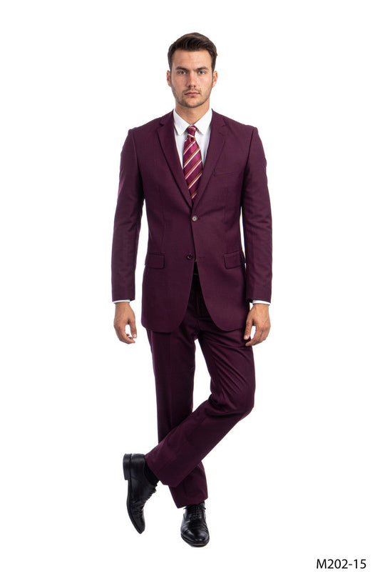 Solid Burgundy Notch Lapel 2 Piece Modern Fit Demantie Men's Suit