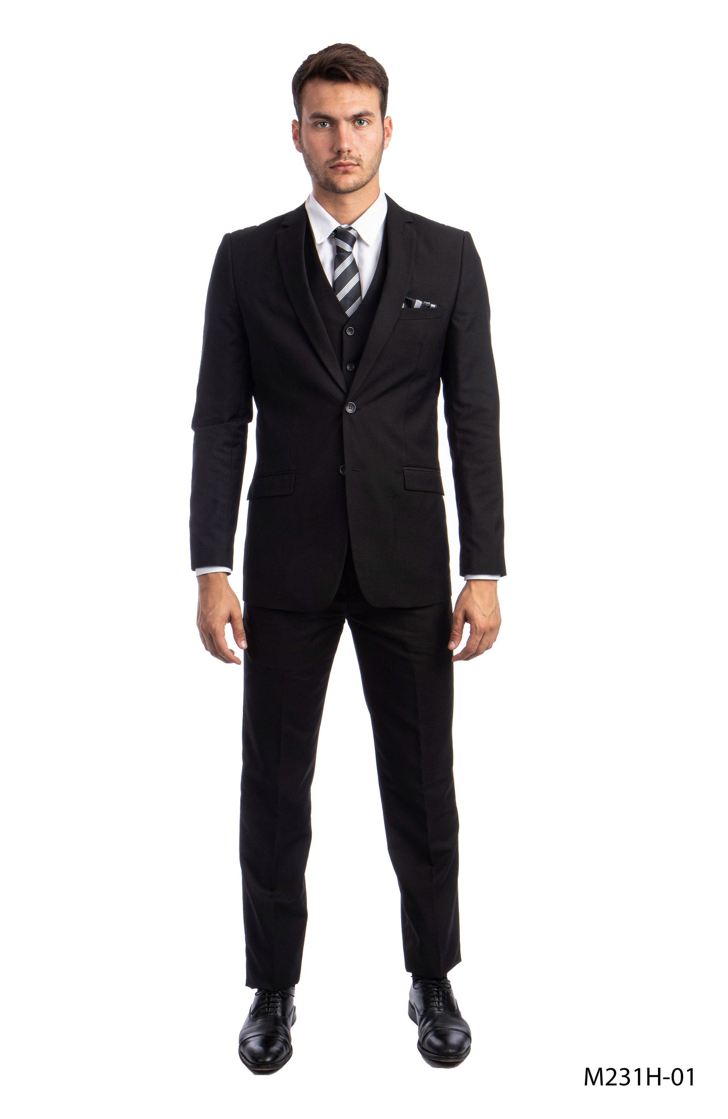 Solid Black Notch Lapel 3 Piece Slim Fit Azzuro Men's Suit