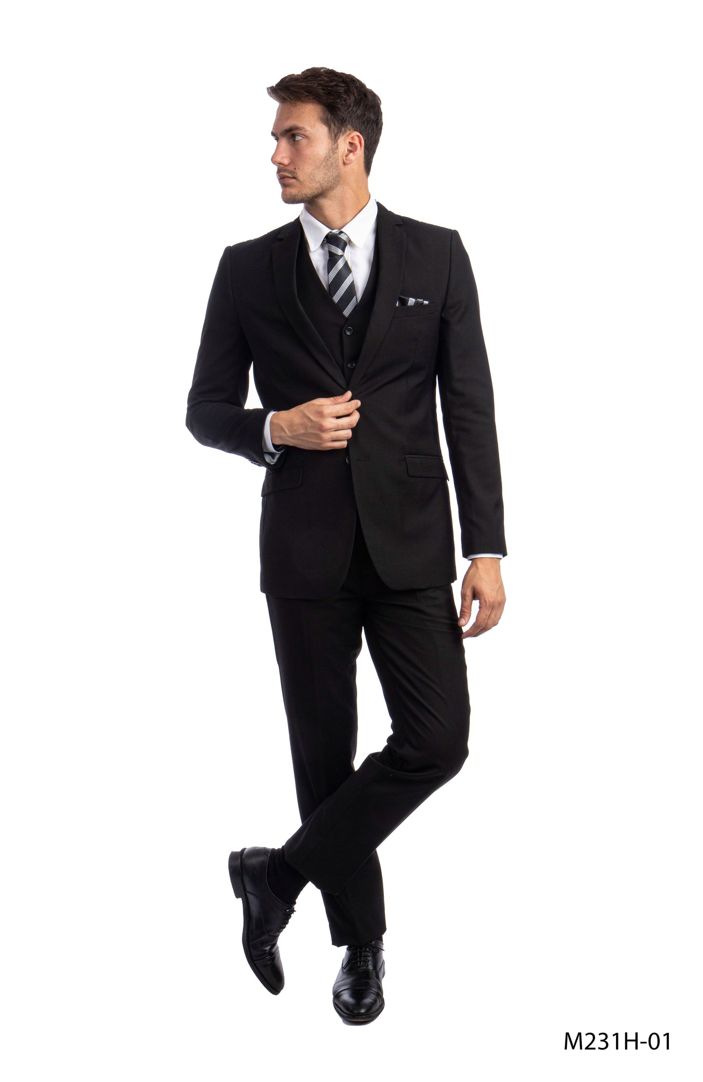 Solid Black Notch Lapel 3 Piece Slim Fit Azzuro Men's Suit