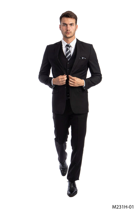 Solid Black Notch Lapel 3 Piece Slim Fit Azzuro Men's Suit