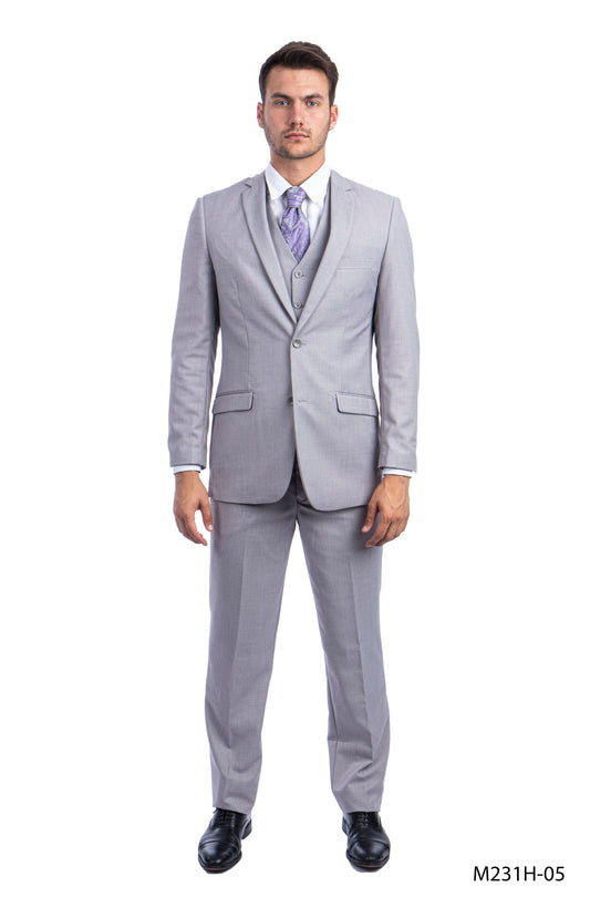 Solid Light Grey Notch Lapel 3 Piece Slim Fit Azzuro Men's Suit