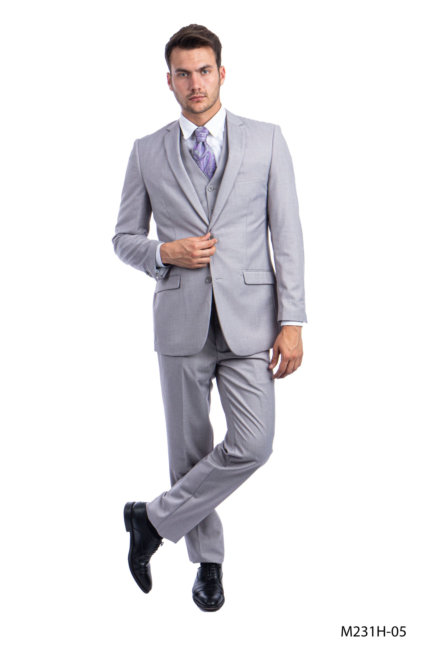 Solid Light Grey Notch Lapel 3 Piece Slim Fit Azzuro Men's Suit