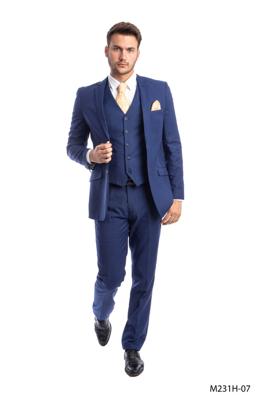 Solid Blue Notch Lapel 3 Piece Slim Fit Azzuro Men's Suit