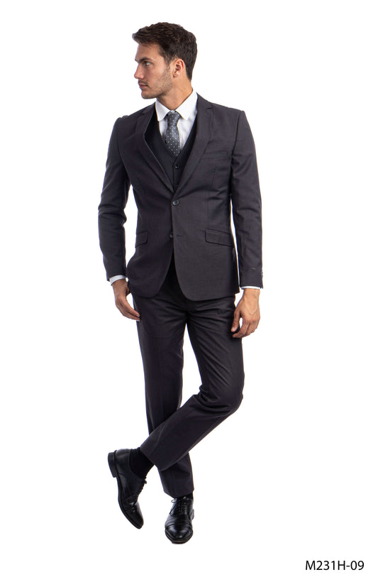 Solid Charcoal Notch Lapel 3 Piece Slim Fit Azzuro Men's Suit