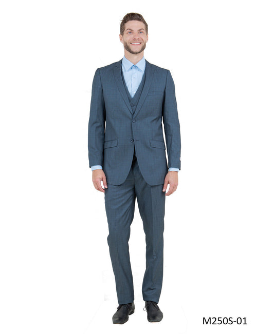 Solid Textured Blue Sharkskin Notch Lapel 3 Piece Slim Fit Tazzio Men's Suit