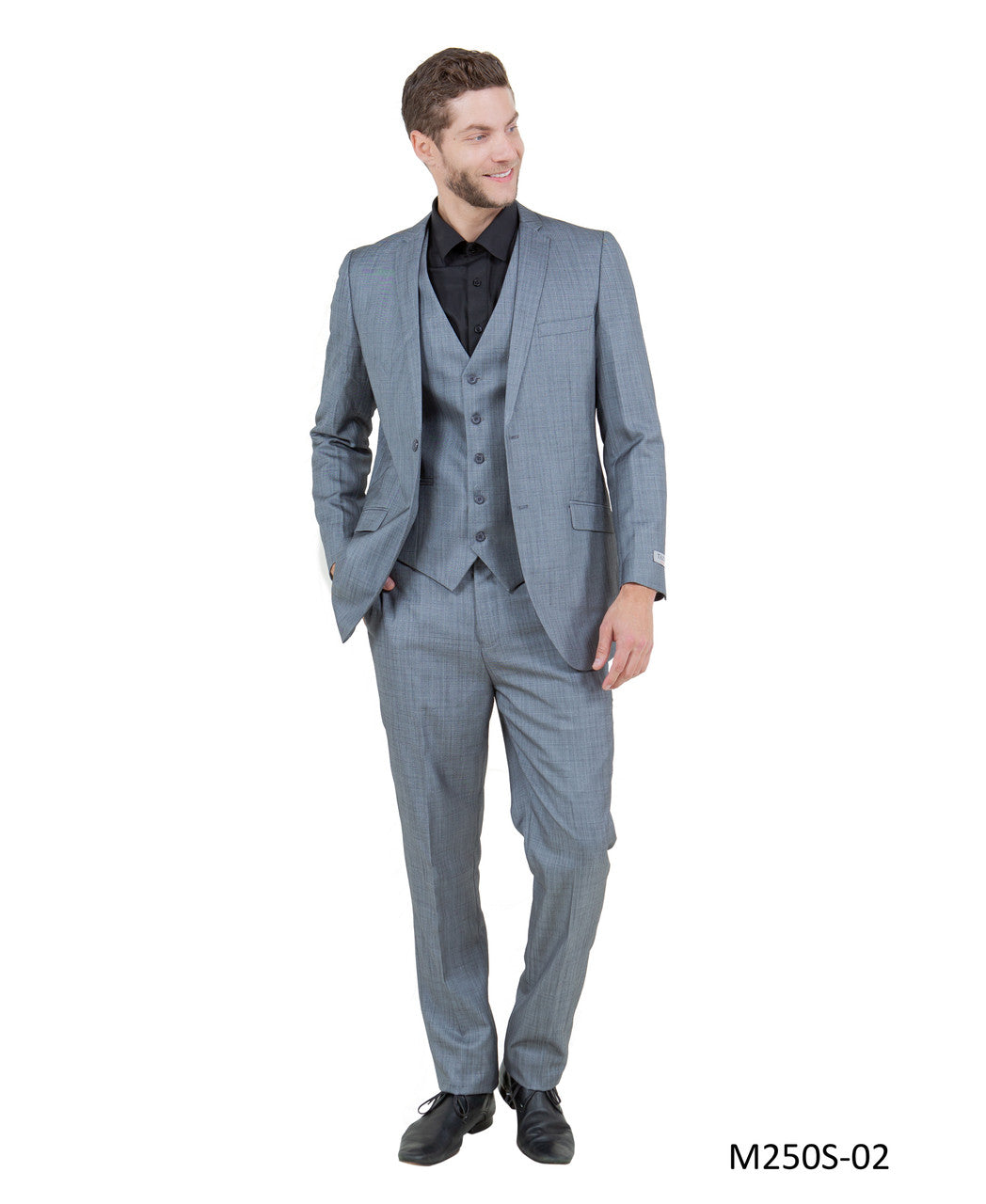 Solid Textured Grey Sharkskin Notch Lapel 3 Piece Slim Fit Tazzio Men's Suit