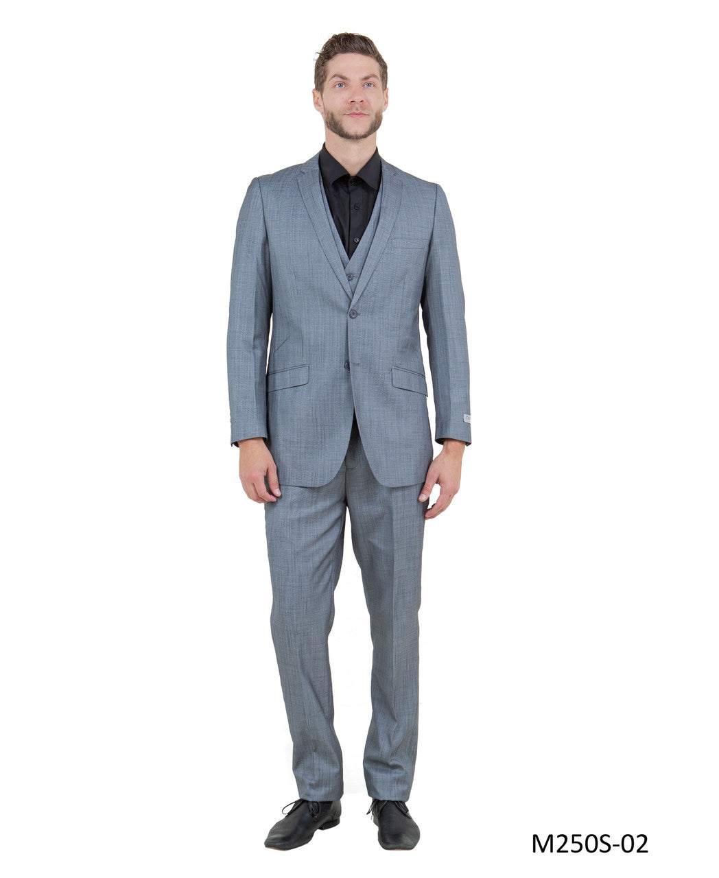 Solid Textured Grey Sharkskin Notch Lapel 3 Piece Slim Fit Tazzio Men's Suit