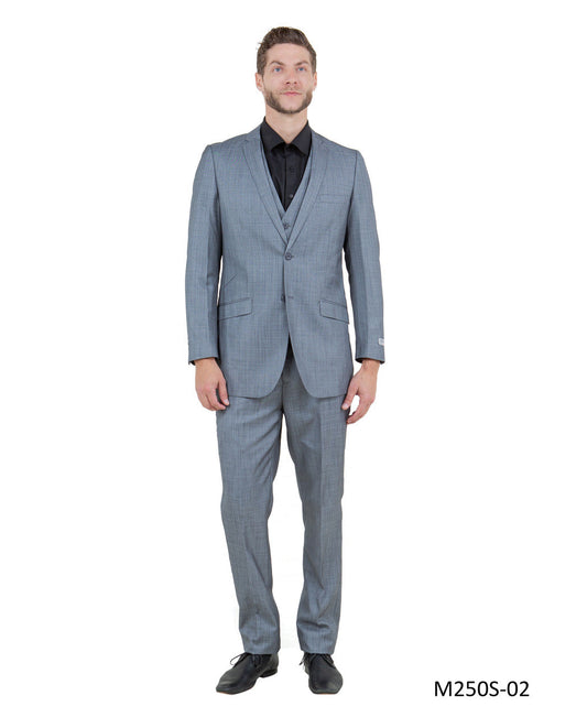 Solid Textured Grey Sharkskin Notch Lapel 3 Piece Slim Fit Tazzio Men's Suit