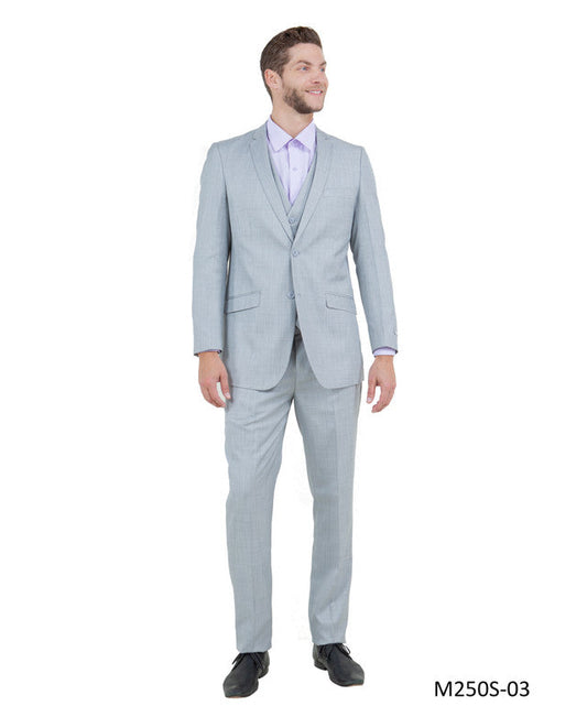 Solid Textured Light Grey Sharkskin Notch Lapel 3 Piece Slim Fit Tazzio Men's Suit