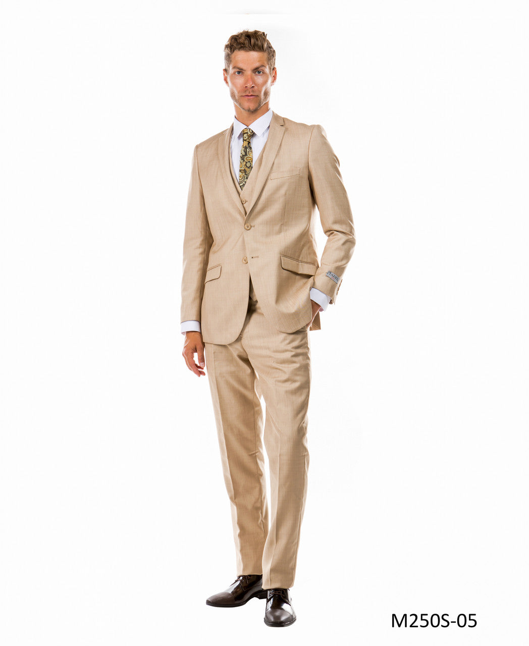 Solid Textured Dark Tan Sharkskin Notch Lapel 3 Piece Slim Fit Tazzio Men's Suit