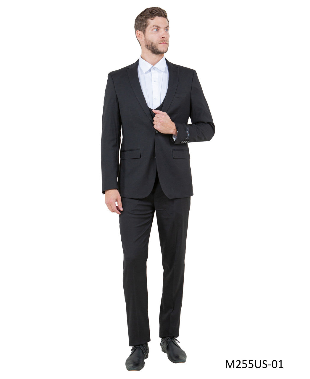 Solid Black Notch Lapel 3 Piece Ultra Slim Fit Tazzio Men's Suit