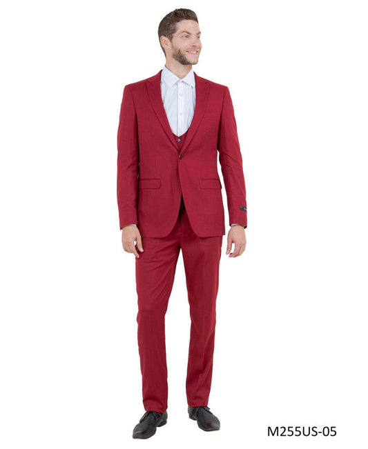 Solid Cherry Red Notch Lapel 3 Piece Ultra Slim Fit Tazzio Men's Suit