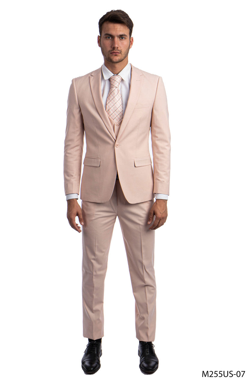 Solid Blush Notch Lapel 3 Piece Ultra Slim Fit Tazzio Men's Suit